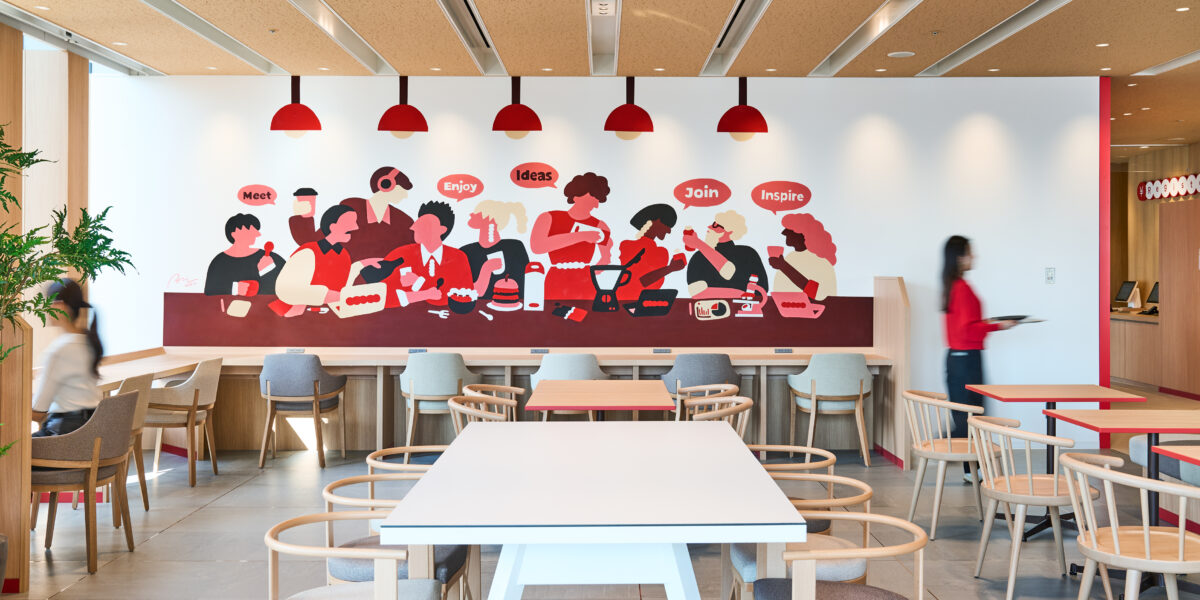 明治本社のリニューアルオープンした社員食堂「meals」に菊地伊織の壁画を展開